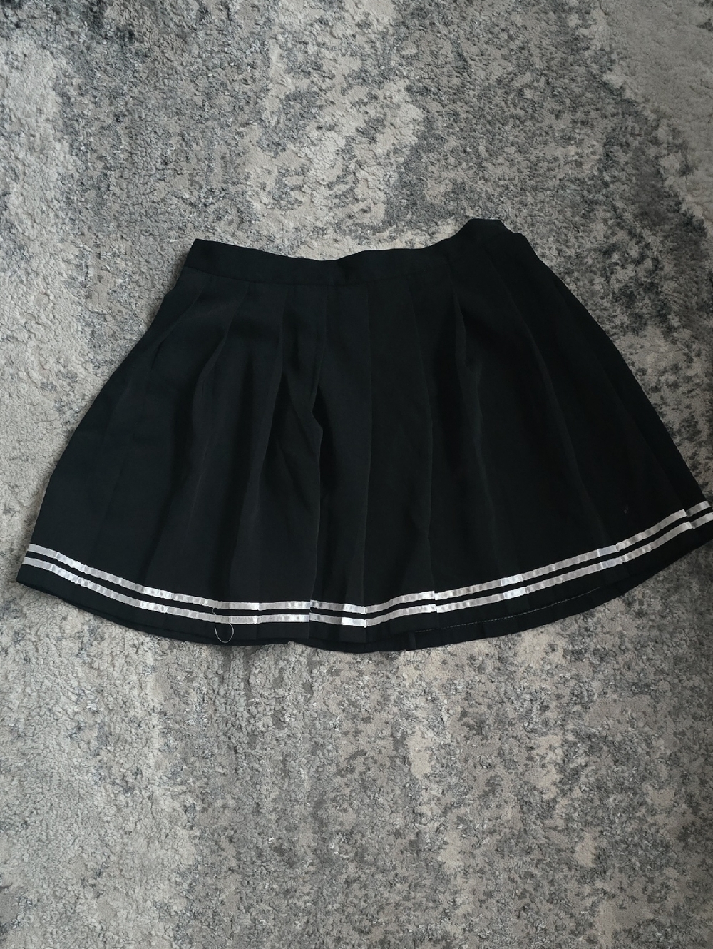 Black Pleated Circle Skirt with White Hem Stripes